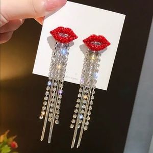 Red Crystal Hot Lips Earrings Long Sparkling